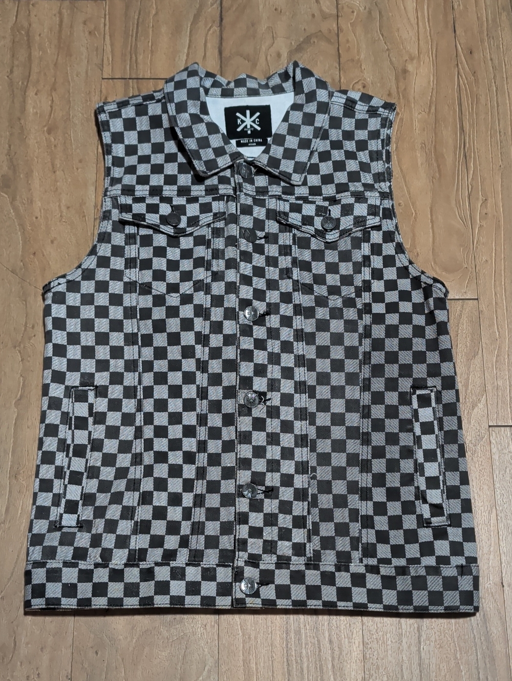 Checked Denim Vest - Black & Gray